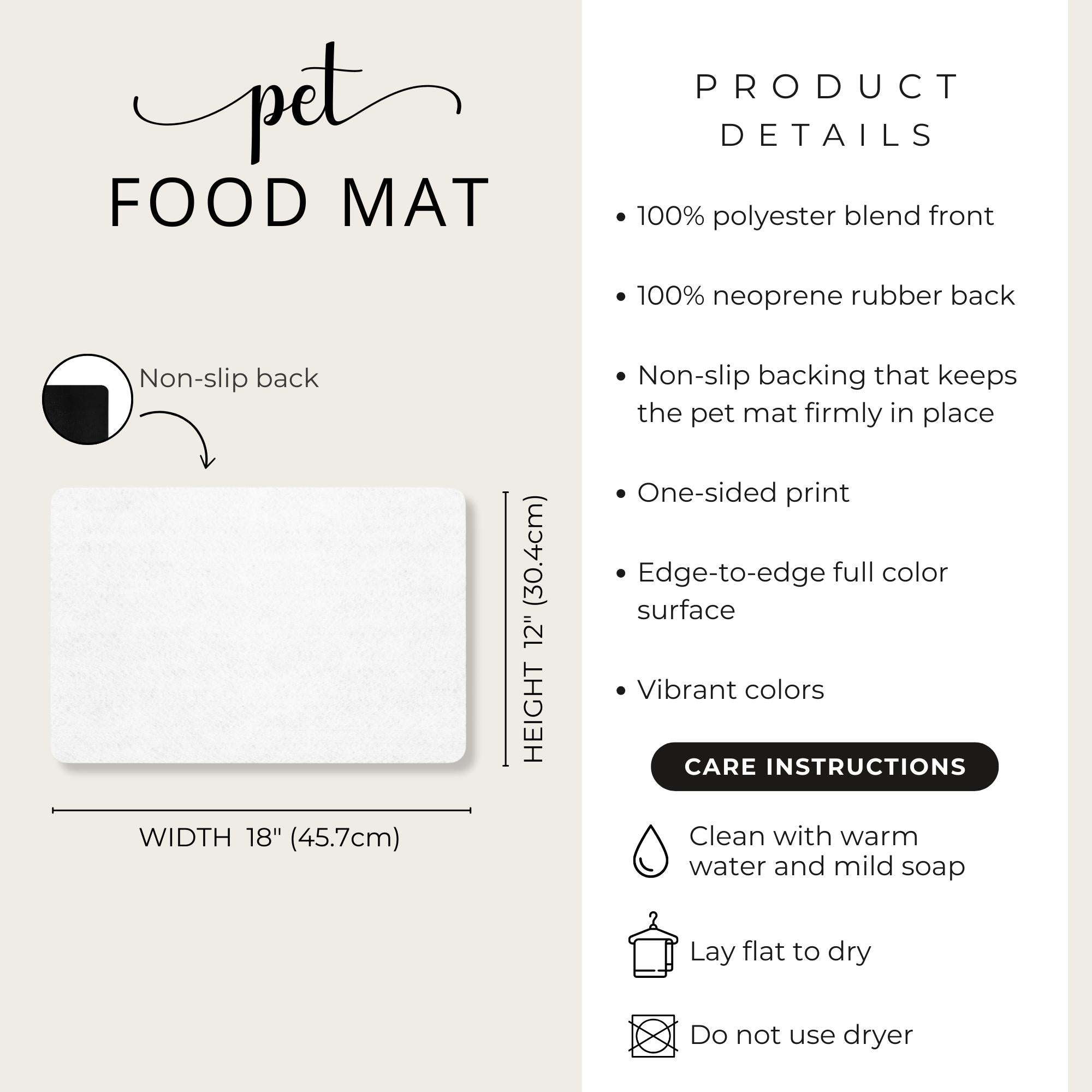 Pet food mat with product details on a white background