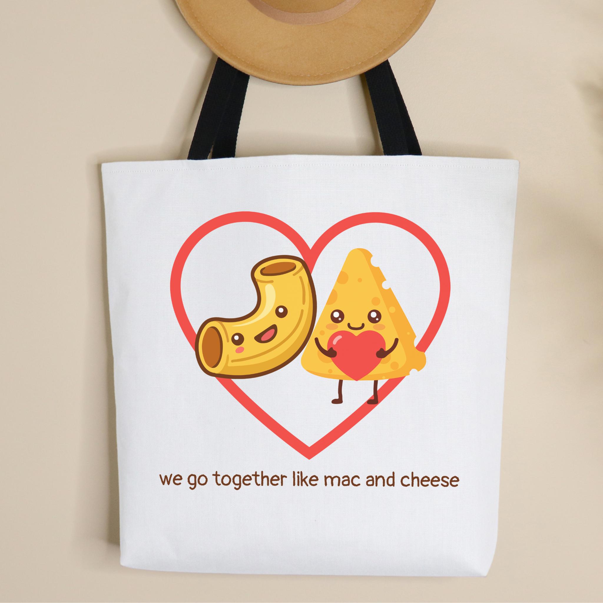 Pet tote bag with macaroni and cheese design and text on a beige background